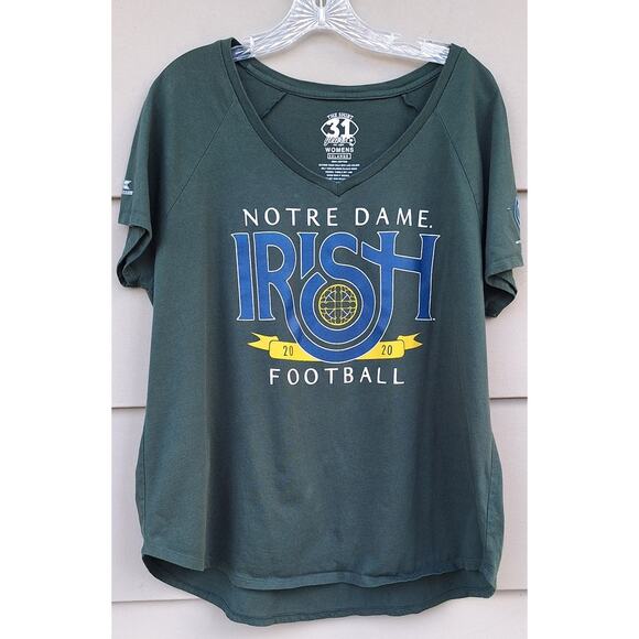 Notre Dame Football Women's T shirt 2XL Irish Green Gold Short Sleeves V neck - Picture 1 of 6